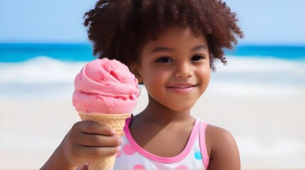 Afro american girl holds strawberry ice-cream cone on the beach