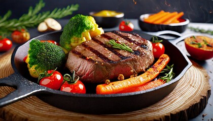 American food concept. Grilled beef steak with grilled vegetables, with carrots, cherry toma