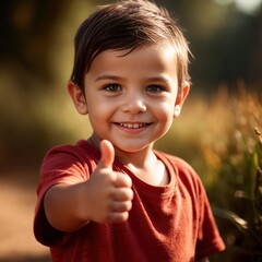 Smiling happy child giving thumbs up gesture of approval