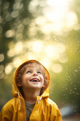 Portrait of cheerful little child yellow raincoat under the rain. Enjoying all kinds of weather.