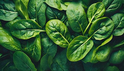 Obraz premium Top view on fresh organic spinach leaves. Healthy green food and vegan background. 