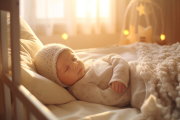 Little baby sleeping wrapped in cozy soft blankets in its bed. Newborn having a nap on sunny morning. Healthy sleep for small children. - obrazy, fototapety, plakaty