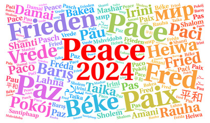 Peace 2024 word cloud in different languages	