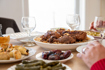 modern wooden dining table with multi type of food