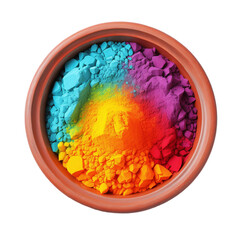 Holi colors or powder in traditional pot isolated on transparent background, top view.Generative AI