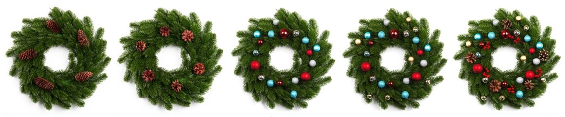 isolated christmas wreath and gold red blue silver balls on white