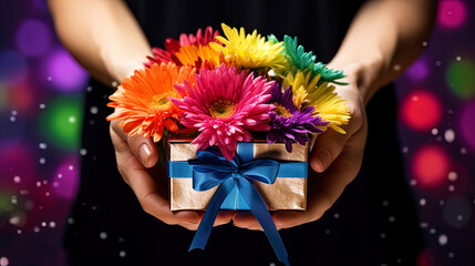 Hands holding out a fragrant gift with a mix of multi colored gerber