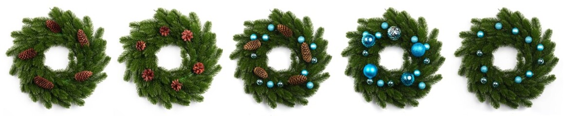 isolated christmas wreath and blue balls on white