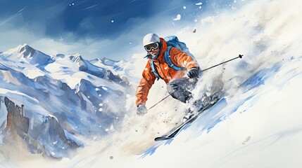 Dynamic watercolor illustration of skiing in snowy mountains - obrazy, fototapety, plakaty