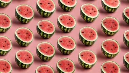 Pattern with ripe watermelon on pink background. Top View. Copy Space. Pop art design. 
