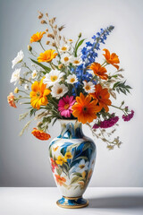 beautiful vase of floral oil painting on white background