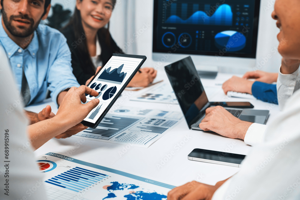 Poster Analyst team uses BI Fintech display tablet to analyze financial data . Business people analyze BI software technology dashboard power for insights power into business marketing planning. Prudent