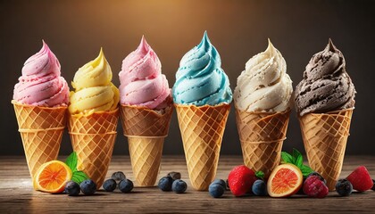 Variety of ice cream cones, white background 
