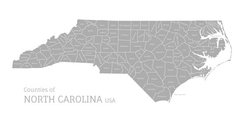 Highly detailed gray map of North Carolina with county lines, US state. Editable administrative map of North Carolina with territory borders and counties names labeled realistic vector illustration - obrazy, fototapety, plakaty