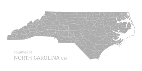 Foto op Canvas Highly detailed gray map of North Carolina with county lines, US state. Editable administrative map of North Carolina with territory borders and counties names labeled realistic vector illustration © Sunflower