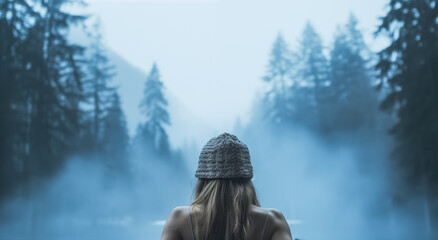 Woman relaxing in hot bath outdoors,  enjoying beautiful view on snowy mountains. Winter holidays in the mountains, hot water treatments concept.  - obrazy, fototapety, plakaty
