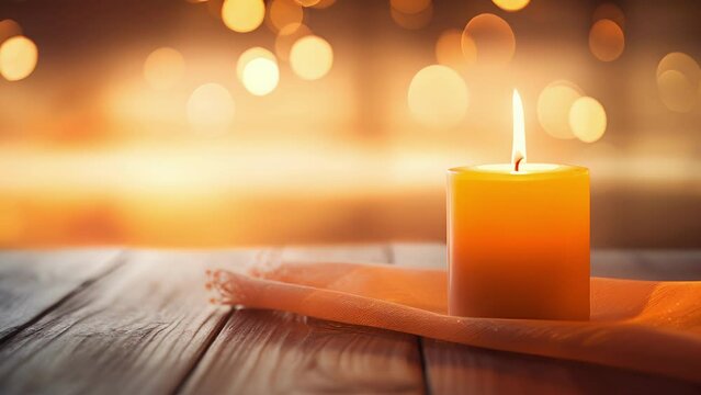 Closeup of a lit candle casting a warm, orange light on a yoga mat, ready for a peaceful session on the beach.