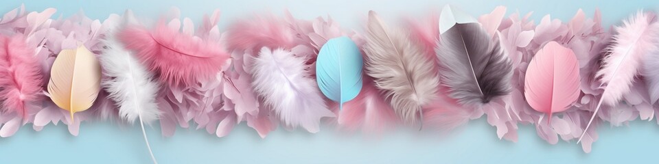 A long horizontal banner for Easter. Easter card with bed-colored eggs and feathers with a copy of the place for the text. Festive background.