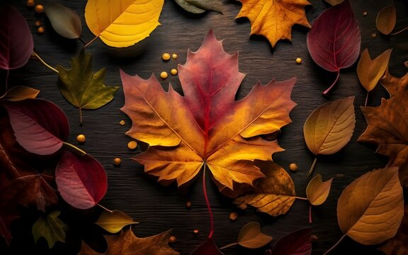 Abstract wine red autumn leaves texture, fall nature background, Generate Ai, Autumn background with colorful leaves and berries on black background, AI generative, Seamless pattern with autumn leave	