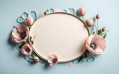 abstract Vintage white frame with pink poppies cloud shapes on a light blue background. minimal composition of the border. Generative AI , photo, ai floral 3d frame, ai floral frame, ai generative - obrazy, fototapety, plakaty