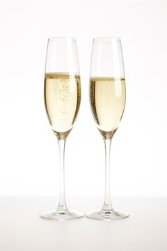 A glass of champagne with bubbles rising to the top, white background.