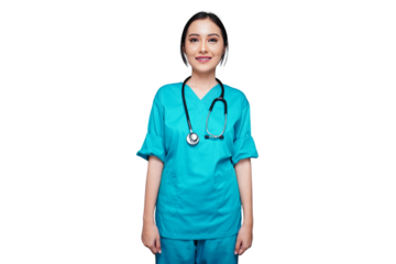 Beautiful nursing student stands up and drapes a stethoscope isolated transparent