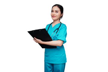 Beautiful nursing students check the patient list in the black folder isolated transparent
