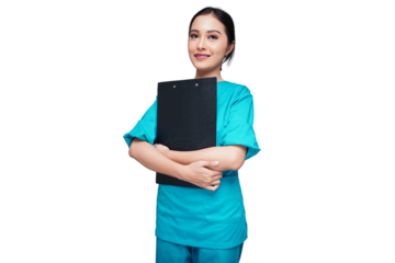 Beautiful nursing student clutching a black folder isolated transparent