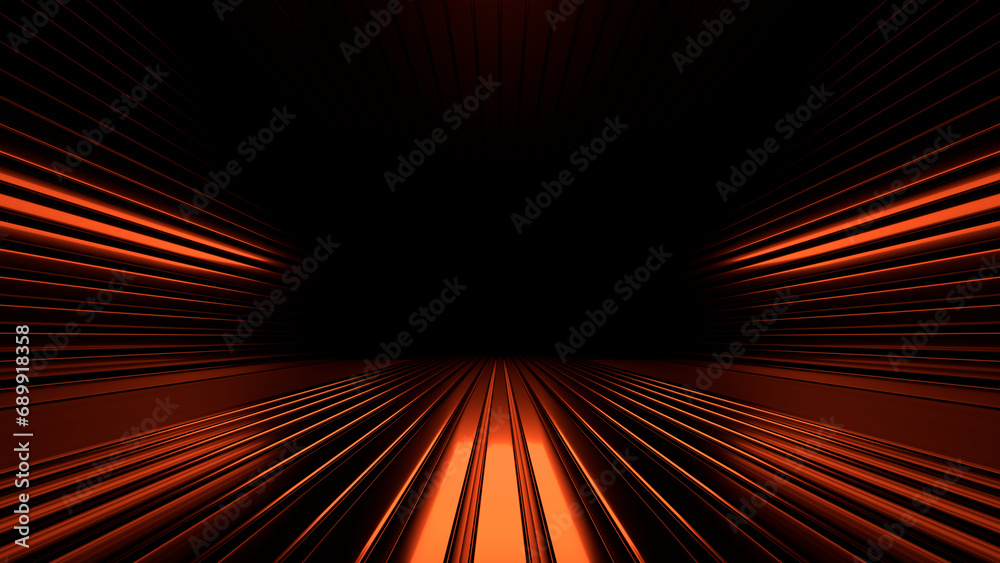 Poster sci fi neon glowing lines in a dark tunnel. reflections on the floor and ceiling. 3d rendering image