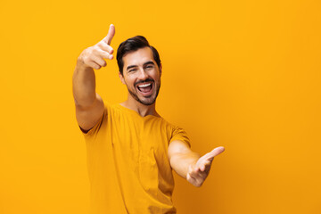 Man lifestyle fashion space arm style studio background laughing portrait smiling copy gesture...