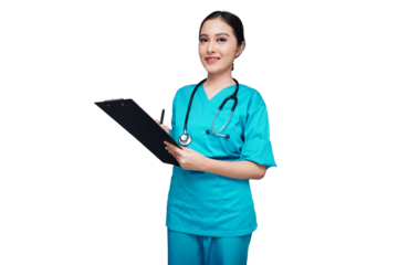 Young female nurse writes patient list in black folder isolated transparent
