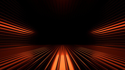 Obraz premium Sci Fi neon glowing lines in a dark tunnel. Reflections on the floor and ceiling. 3d rendering image. Abstract glowing lines. Technology futuristic background.
