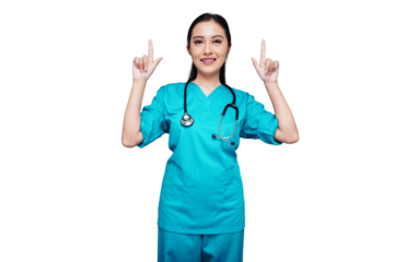 Beautiful medical worker points up and smiles happily isolated transparent