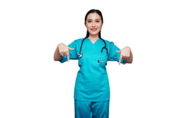 Beautiful medical worker points down