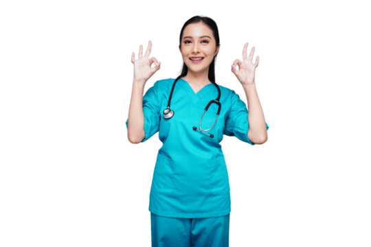 Beautiful nursing students show the okay finger gesture isolated transparent