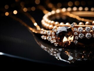 Golden jewelry with diamonds on a black background. Generative AI. - obrazy, fototapety, plakaty