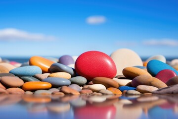 A colorful stone pebble on the beach with blue sky background. Generative AI.