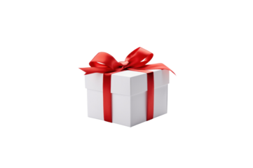 White gift box tied with red ribbon isolated on transparent background for graphic use.