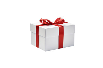 Fototapeta premium White gift box tied with red ribbon isolated on transparent background for graphic use.