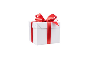 Obraz premium White gift box tied with red ribbon isolated on transparent background for graphic use.