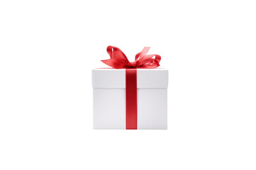 Obraz premium White gift box tied with red ribbon isolated on transparent background for graphic use.