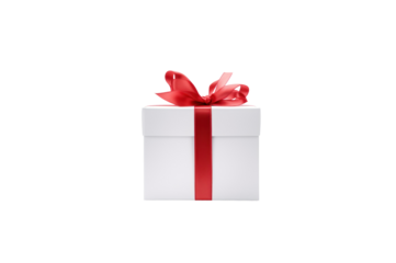 White gift box tied with red ribbon isolated on transparent background for graphic use.