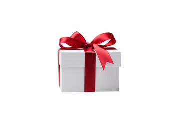 Obraz premium White gift box tied with red ribbon isolated on transparent background for graphic use.