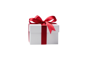 White gift box tied with red ribbon isolated on transparent background for graphic use.