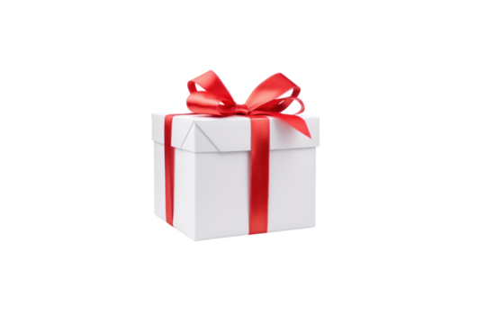 White gift box tied with red ribbon isolated on transparent background for graphic use.