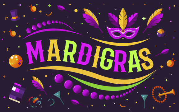 Vector lettering for Mardi Gras carnival, barbaro font with attractive doodle vector, elegant fancy logo with greeting slogan and dots on dark background.