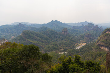 Fototapeta na wymiar Close up view of the village by the river from Da Wang Shan Peak, Fujian, China