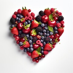A heart shaped arrangement of berries and blueberries. Generative AI. - obrazy, fototapety, plakaty