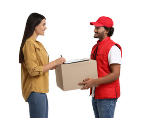 Smiling woman signing order receipt on white background. Courier delivery