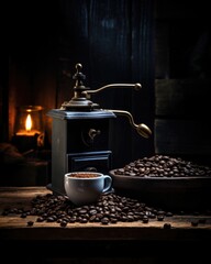 A coffee grinder is next to a bowl of coffee beans. Generative AI. - obrazy, fototapety, plakaty